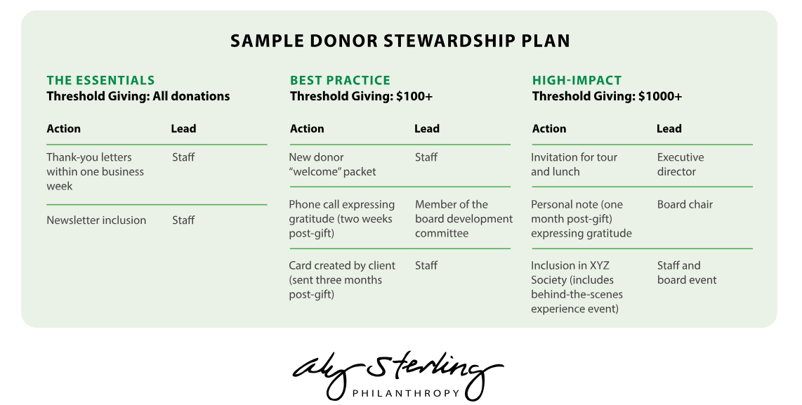 Sample donor stewardship plan with columns for different donation thresholds